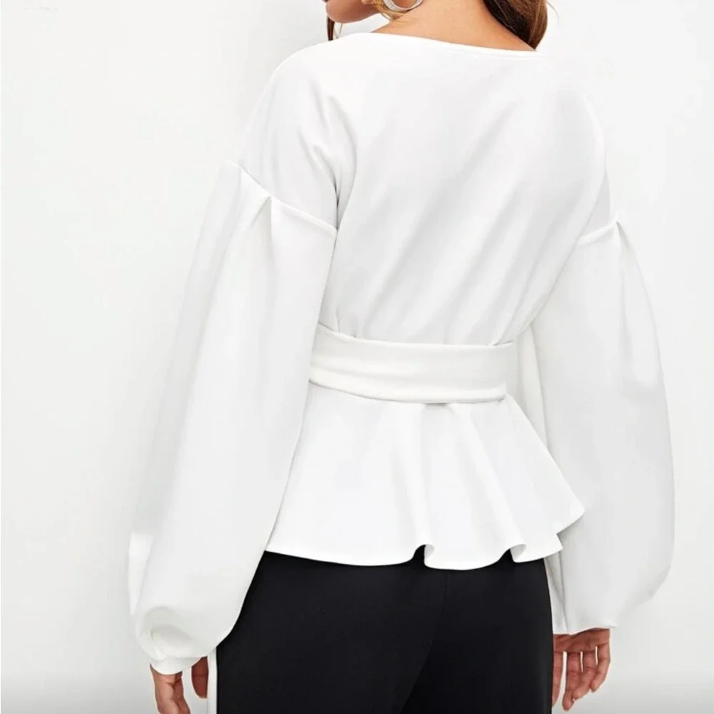 Elegant White Wrap Open Front Blouse Top Shirt - Picture 2 of 8